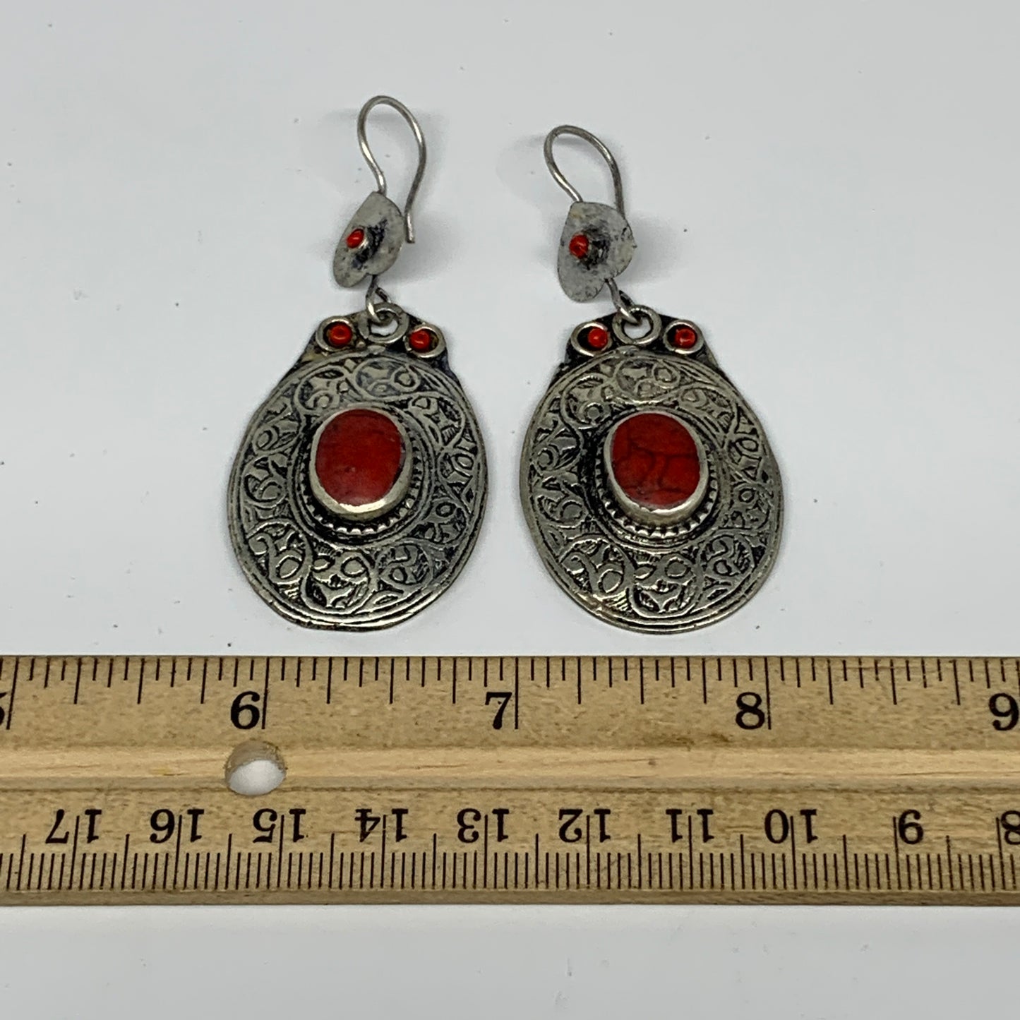 1pc, 2.6"x1.1" Turkmen Earring Tribal Jewelry Red Coral Inlay Oval Boho, B14275