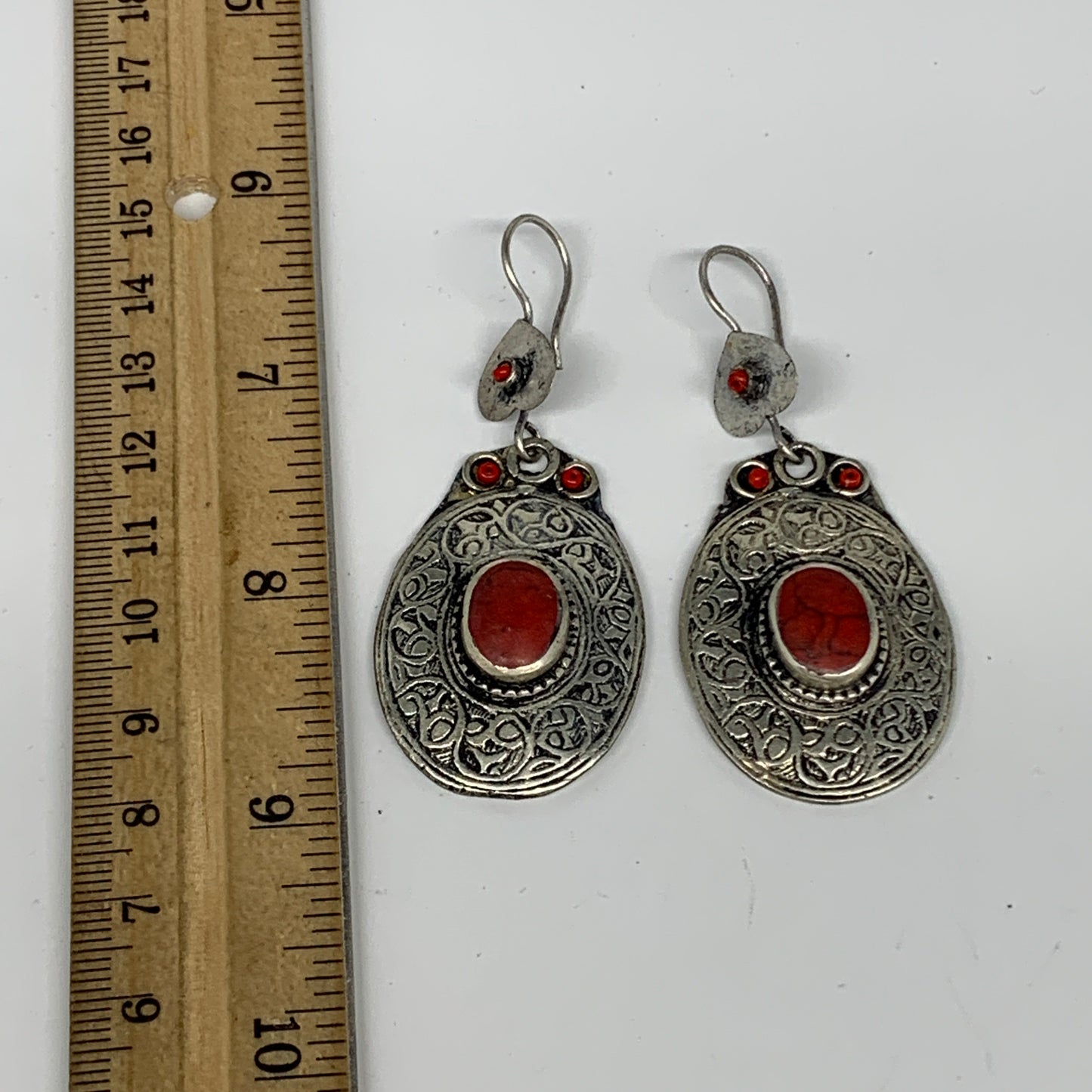 1pc, 2.6"x1.1" Turkmen Earring Tribal Jewelry Red Coral Inlay Oval Boho, B14275
