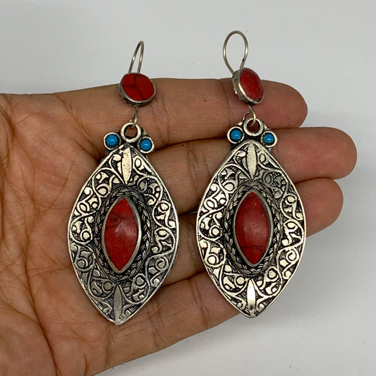 1pc, 3.1"x1.2" Turkmen Earring Tribal Jewelry Red Coral Inlay Marquise Boho, B14