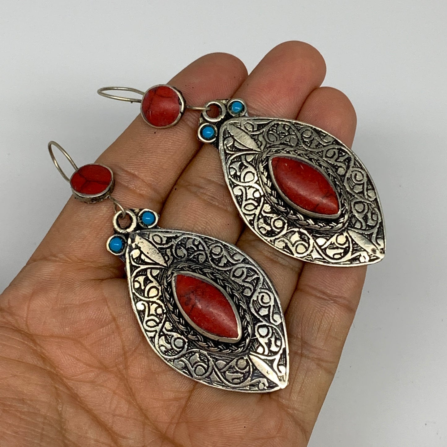 1pc, 3.1"x1.2" Turkmen Earring Tribal Jewelry Red Coral Inlay Marquise Boho, B14