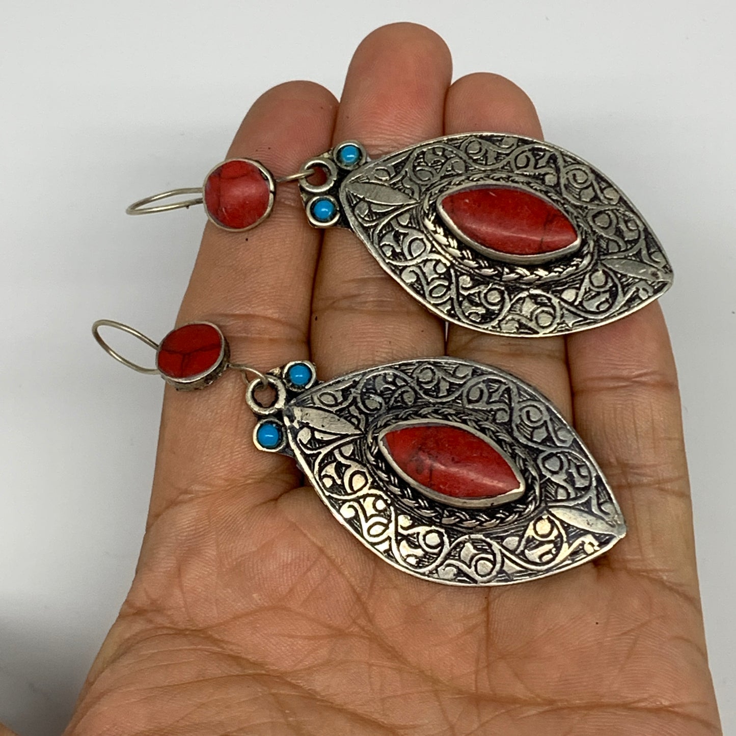 1pc, 3.1"x1.2" Turkmen Earring Tribal Jewelry Red Coral Inlay Marquise Boho, B14