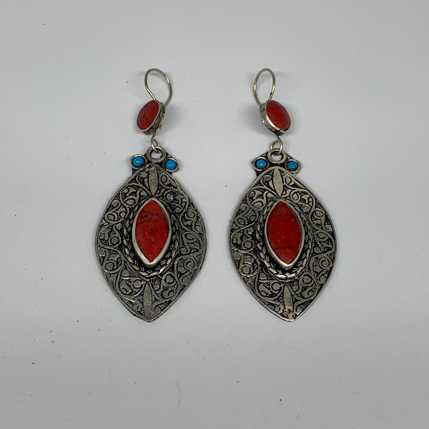 1pc, 3.1"x1.2" Turkmen Earring Tribal Jewelry Red Coral Inlay Marquise Boho, B14