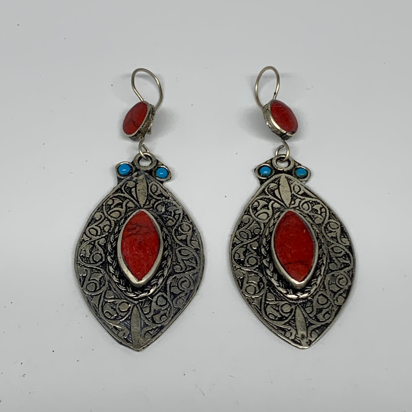1pc, 3.1"x1.2" Turkmen Earring Tribal Jewelry Red Coral Inlay Marquise Boho, B14