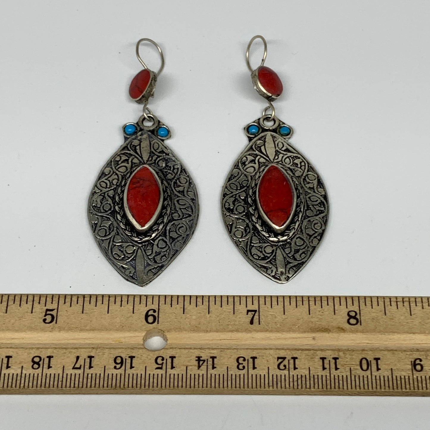 1pc, 3.1"x1.2" Turkmen Earring Tribal Jewelry Red Coral Inlay Marquise Boho, B14