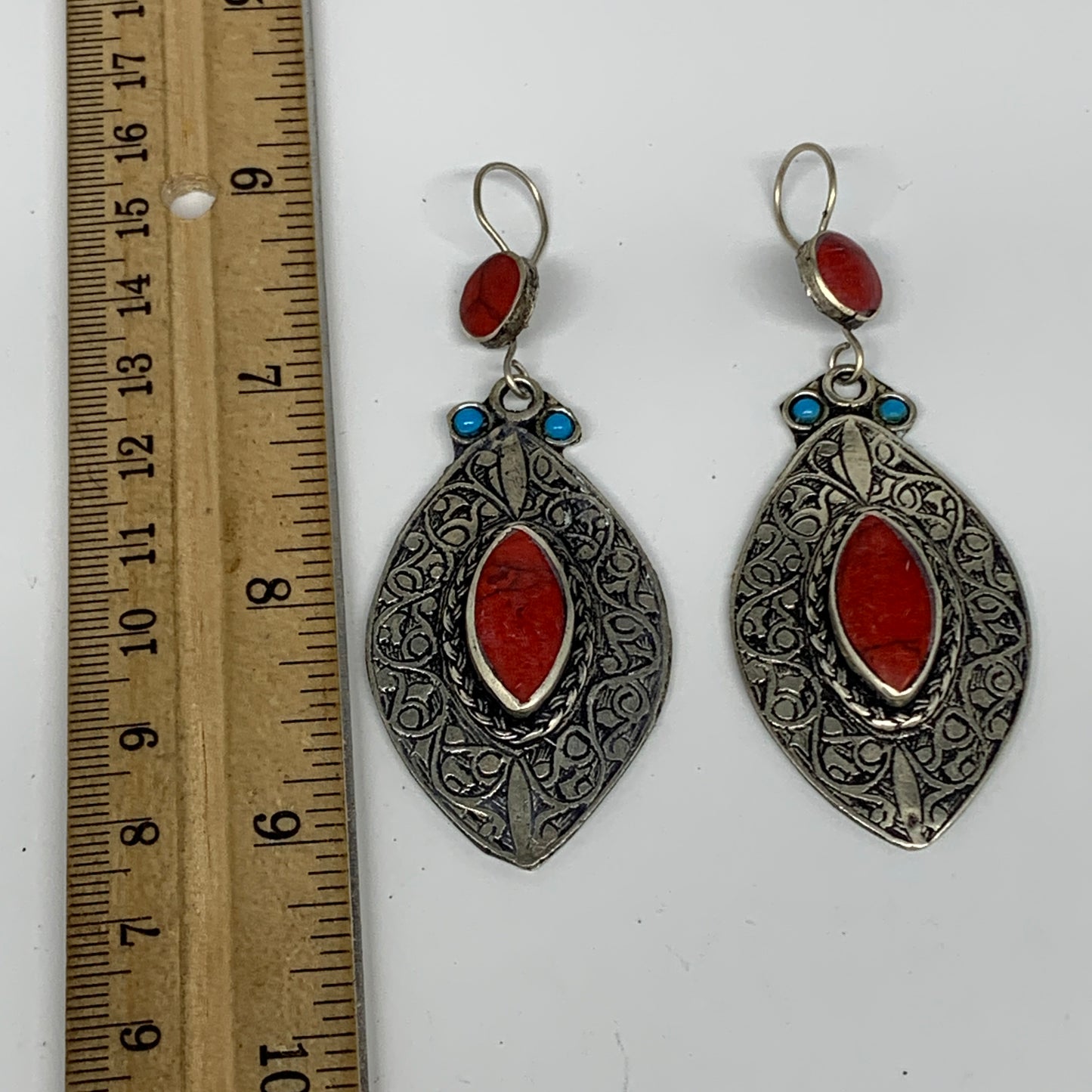 1pc, 3.1"x1.2" Turkmen Earring Tribal Jewelry Red Coral Inlay Marquise Boho, B14