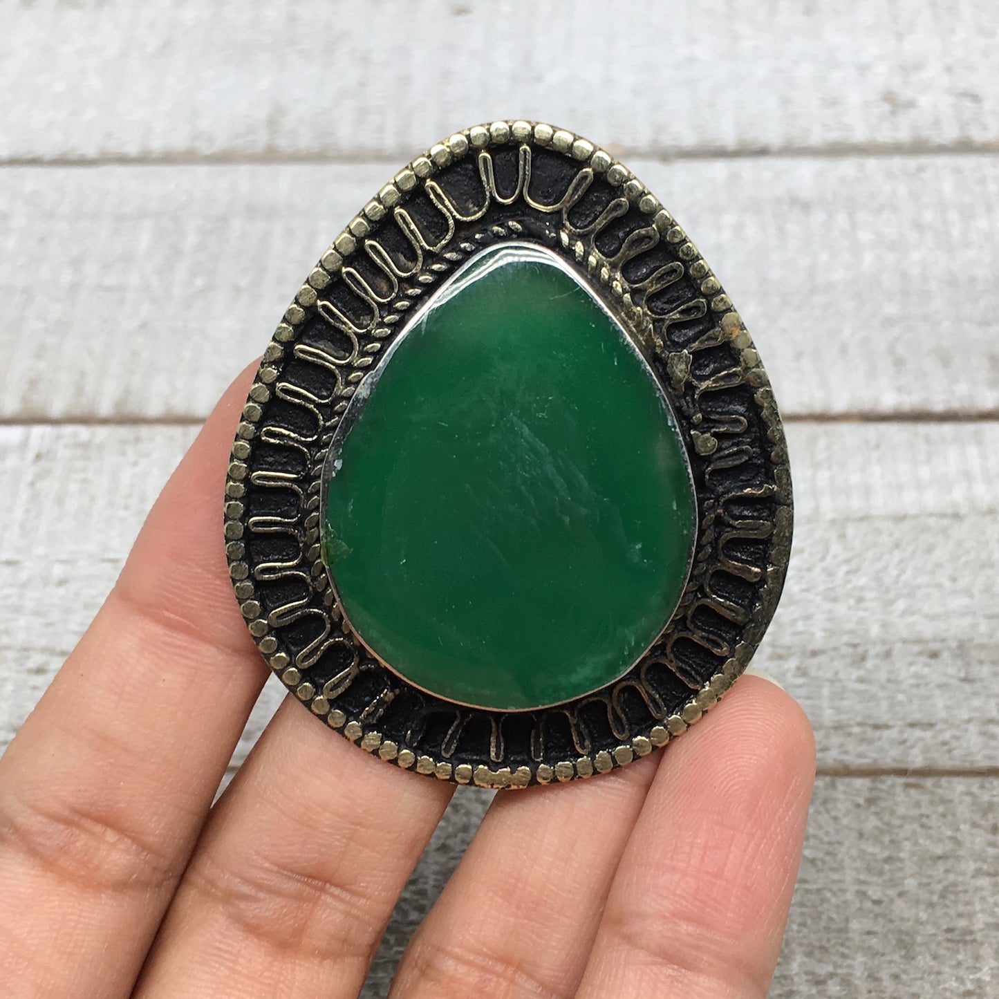 2.1"x1.8"x0.3" Green Nephrite Jade Ring Drop Shape, Turkmen Ring, 7, TR152