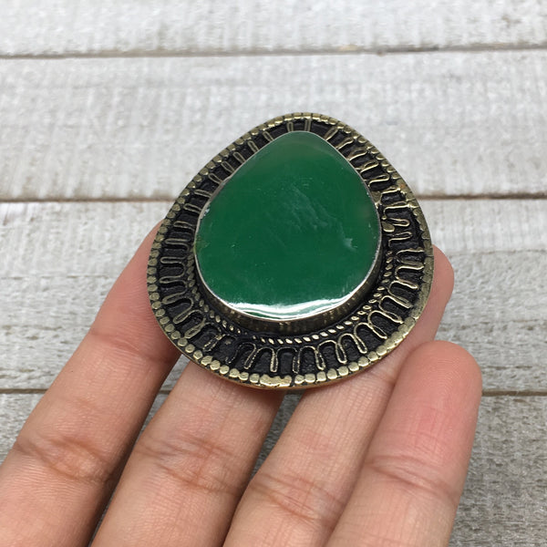 2.1"x1.8"x0.3" Green Nephrite Jade Ring Drop Shape, Turkmen Ring, 7, TR152