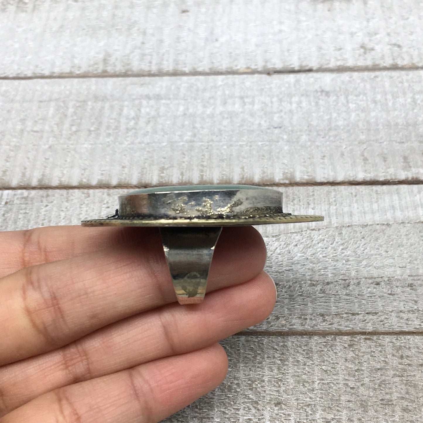 2.1"x1.8"x0.3" Green Nephrite Jade Ring Drop Shape, Turkmen Ring, 7, TR152