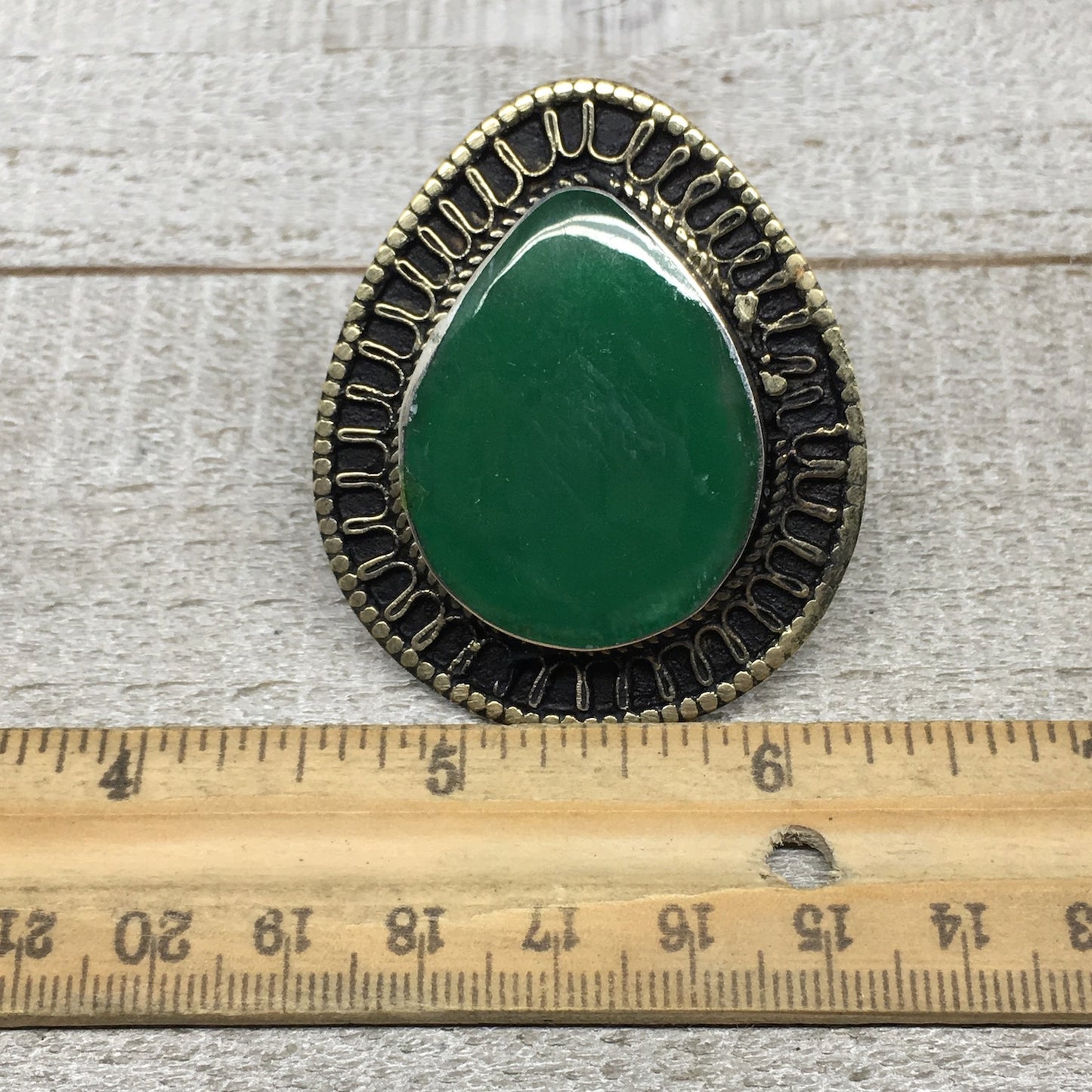 2.1"x1.8"x0.3" Green Nephrite Jade Ring Drop Shape, Turkmen Ring, 7, TR152