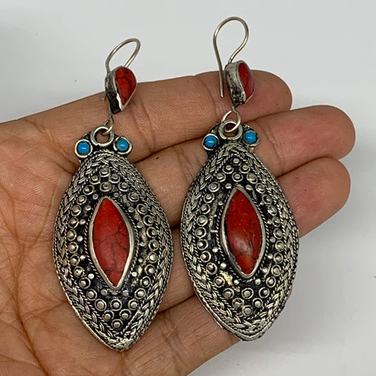 1pc, 3.2"x1.1" Turkmen Earring Tribal Jewelry Red Coral Inlay Marquise Boho, B14