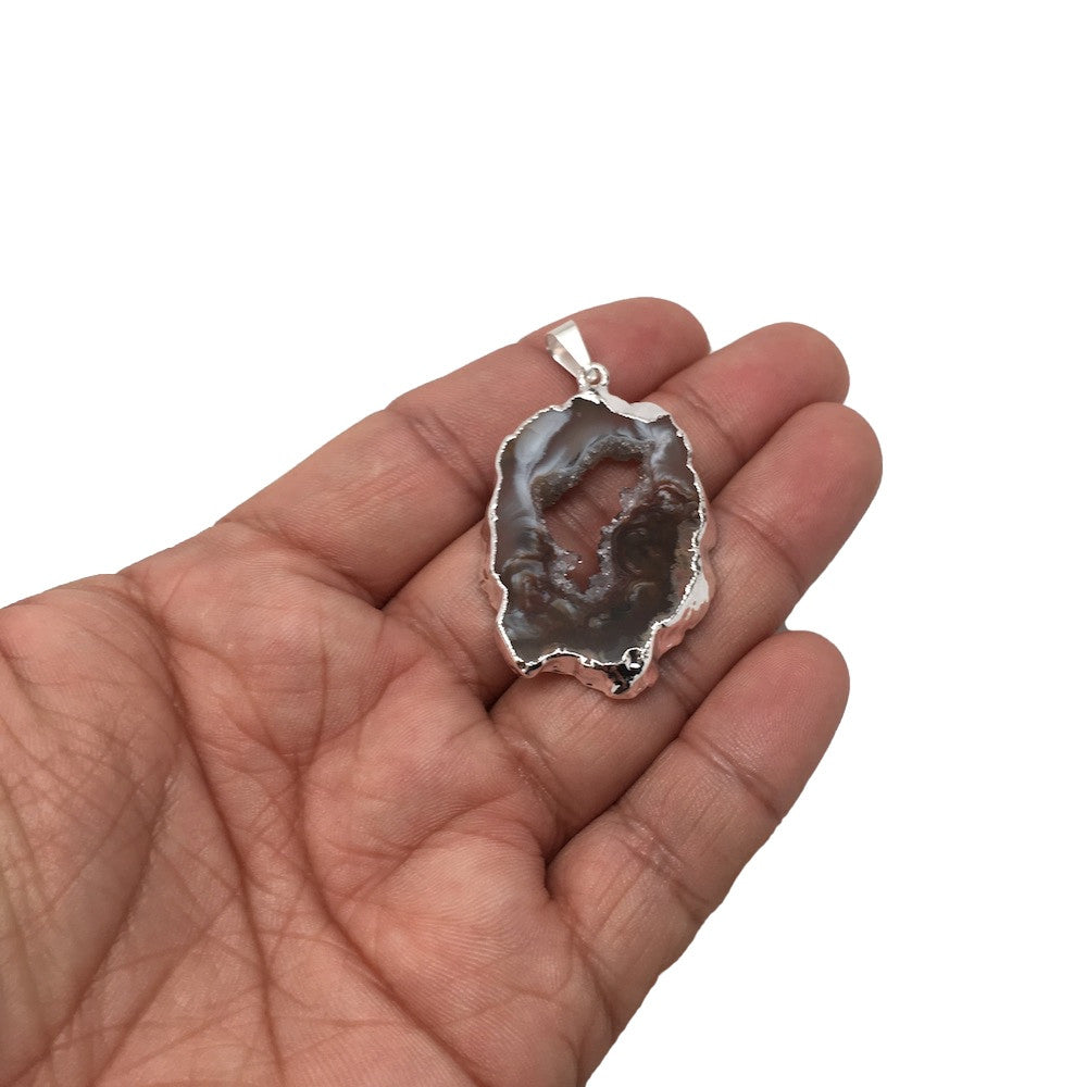 Agate Druzy Slice Geode Pendant Silver Plated from Brazil,Free 18" Chain, Bp738 - watangem.com