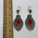 1pc, 3.2"x1.1" Turkmen Earring Tribal Jewelry Red Coral Inlay Marquise Boho, B14