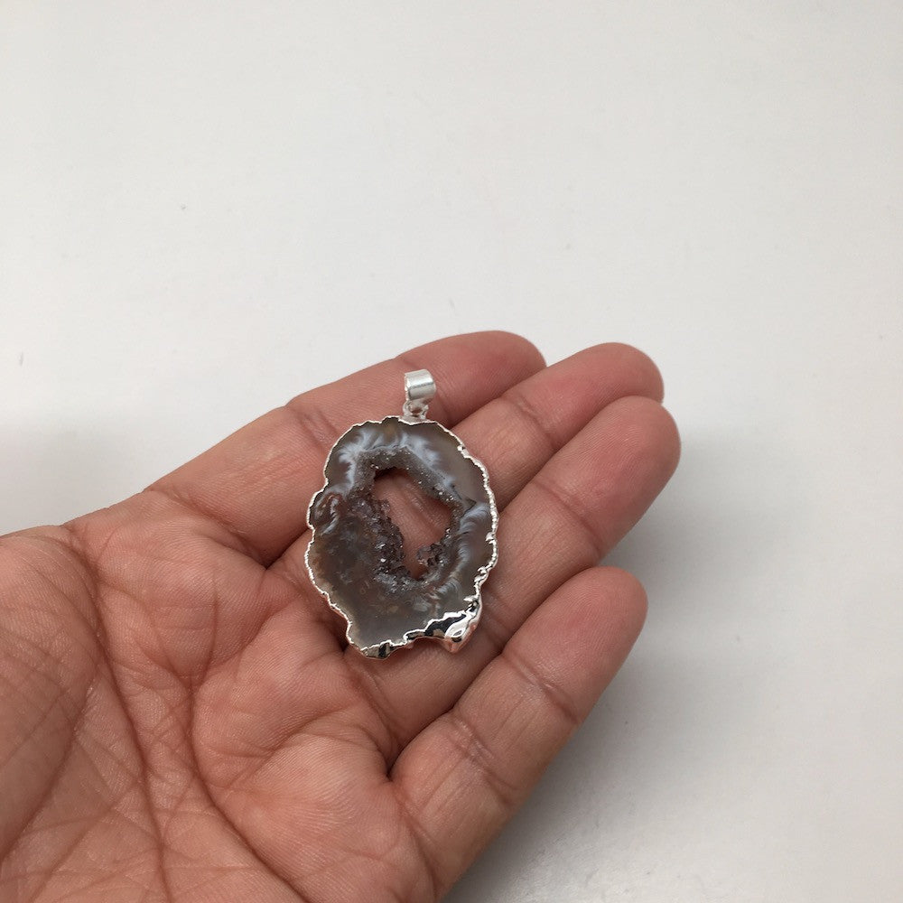 Agate Druzy Slice Geode Pendant Silver Plated from Brazil,Free 18" Chain, Bp738 - watangem.com