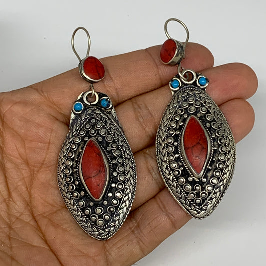 1pc, 3.1"x1.1" Turkmen Earring Tribal Jewelry Red Coral Inlay Marquise Boho, B14