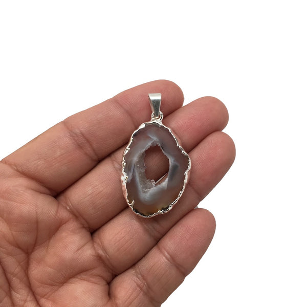 Agate Druzy Slice Geode Pendant Silver Plated from Brazil,Free 18" Chain, Bp737 - watangem.com
