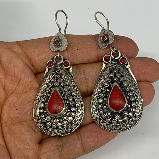 1pc, 2.8"x1.1" Turkmen Earring Tribal Jewelry Red Coral Inlay Teardrop Boho, B14