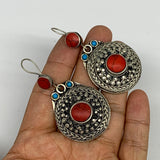 1pc, 2.3"x1.2" Turkmen Earring Tribal Jewelry Red Coral Inlay Round Boho, B14268
