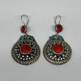 1pc, 2.3"x1.2" Turkmen Earring Tribal Jewelry Red Coral Inlay Round Boho, B14268
