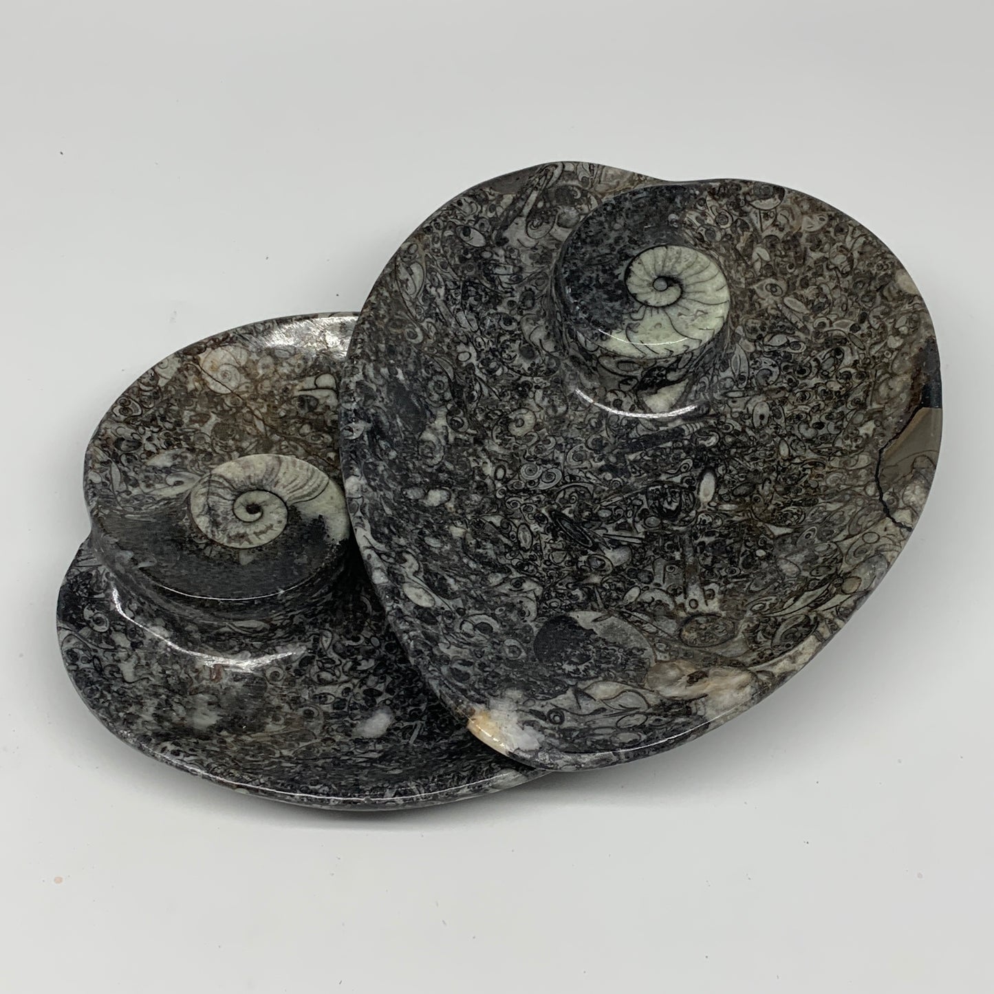 2pcs Set, 6.25"x5.25" Heart Fossils Orthoceras Ammonite Bowls @Morocco, B8485