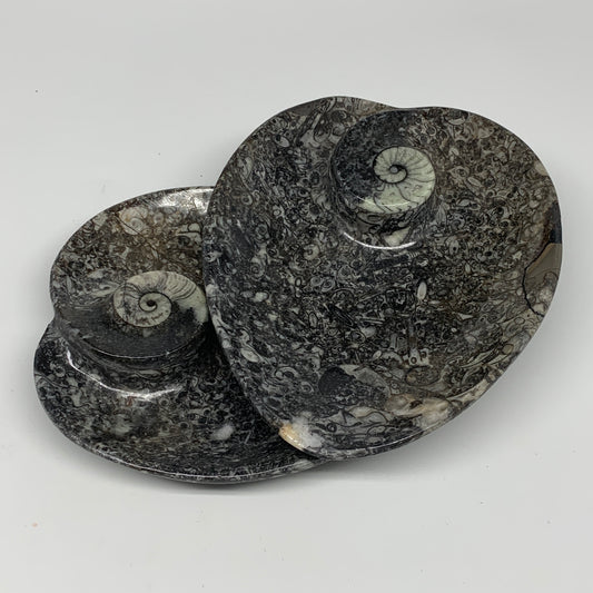 2pcs Set, 6.25"x5.25" Heart Fossils Orthoceras Ammonite Bowls @Morocco, B8485