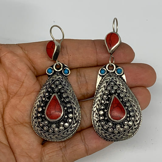 1pc, 2.7"x1.1" Turkmen Earring Tribal Jewelry Red Coral Inlay Teardrop Boho, B14