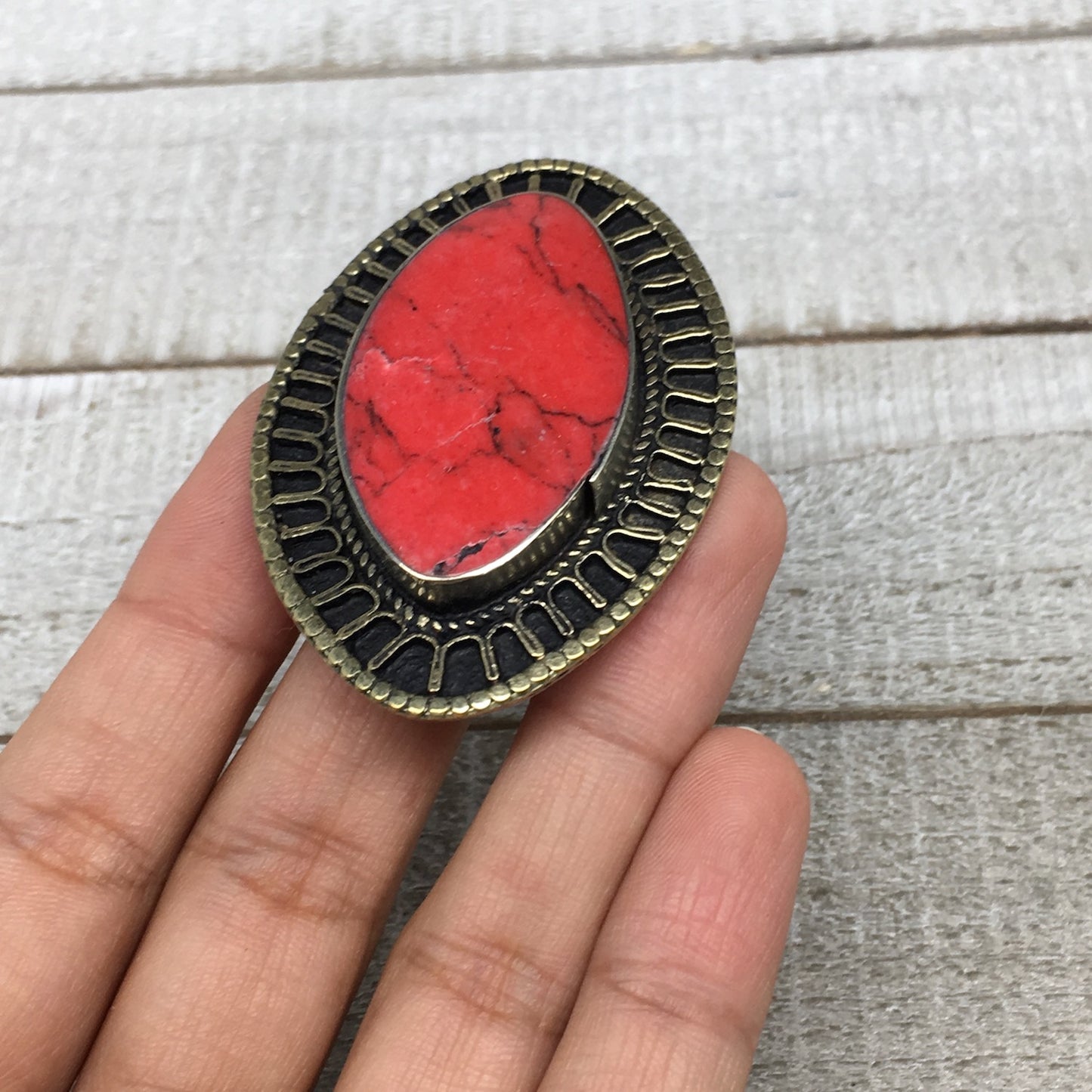Turkmen Ring Afghan Antique Tribal Oval Red Coral Inlay Kuchi Ring Boho TR105