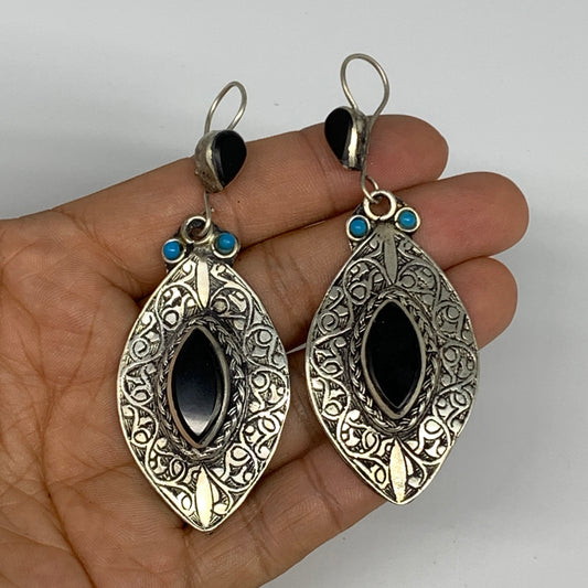 1pc, 3.1"x1.2" Turkmen Earring Tribal Jewelry Black Carnelian Marquise Boho, B14