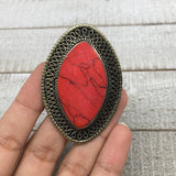 Antique Afghan Turkmen Tribal Marquise Red Coral Inlay Kuchi Ring Boho Size 7 TR