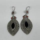 1pc, 3.1"x1.2" Turkmen Earring Tribal Jewelry Black Carnelian Marquise Boho, B14