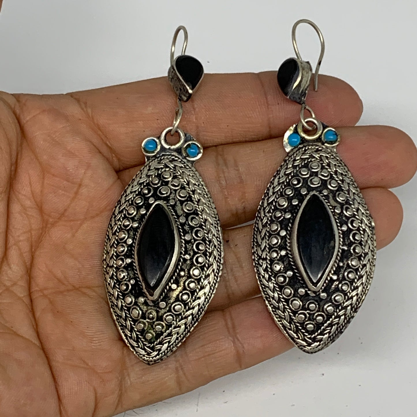 1pc, 3.3"x1.1" Turkmen Earring Tribal Jewelry Black Carnelian Marquise Boho, B14