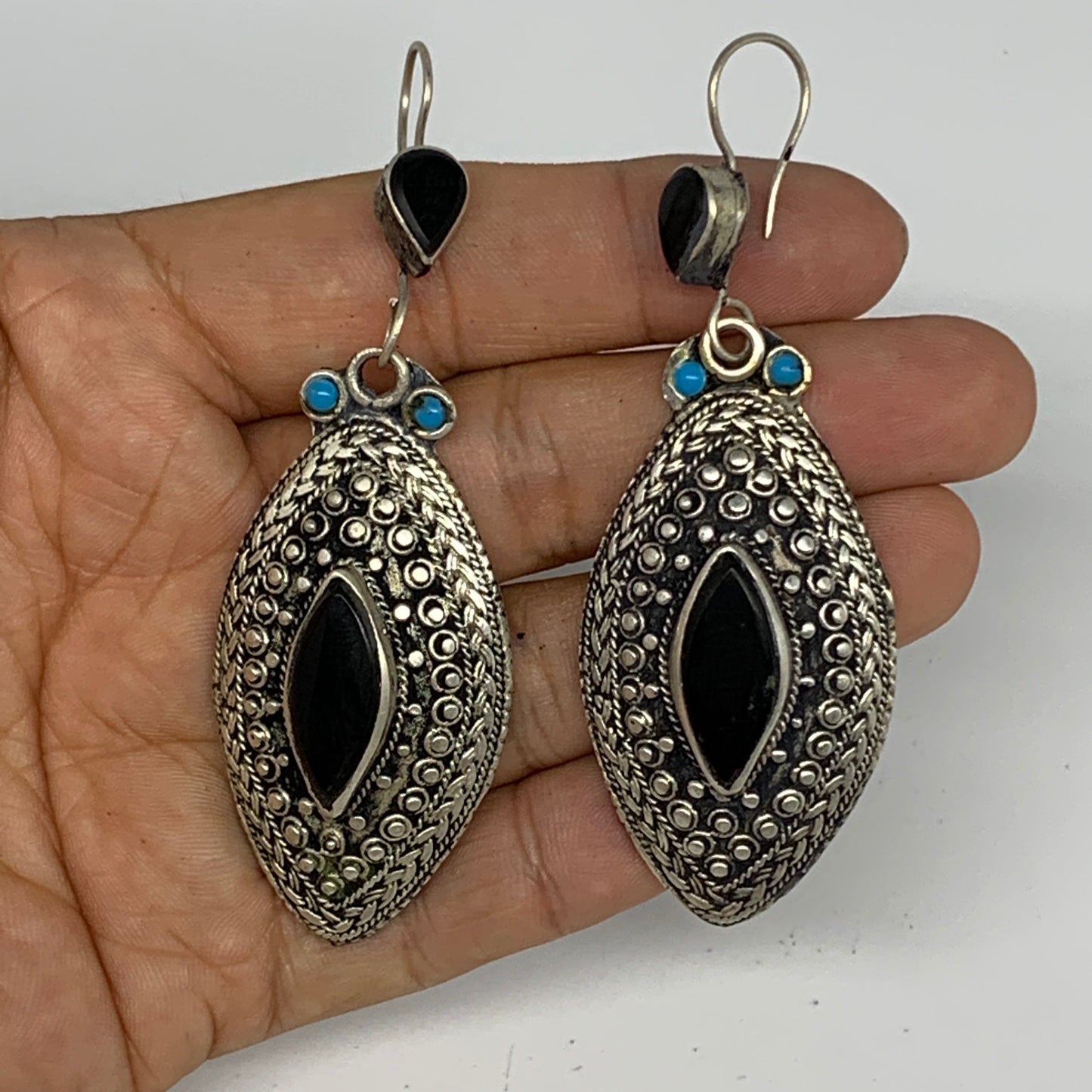 1pc, 3.3"x1.1" Turkmen Earring Tribal Jewelry Black Carnelian Marquise Boho, B14