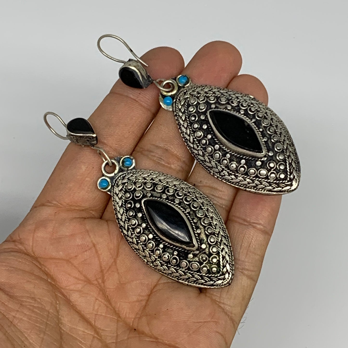 1pc, 3.3"x1.1" Turkmen Earring Tribal Jewelry Black Carnelian Marquise Boho, B14