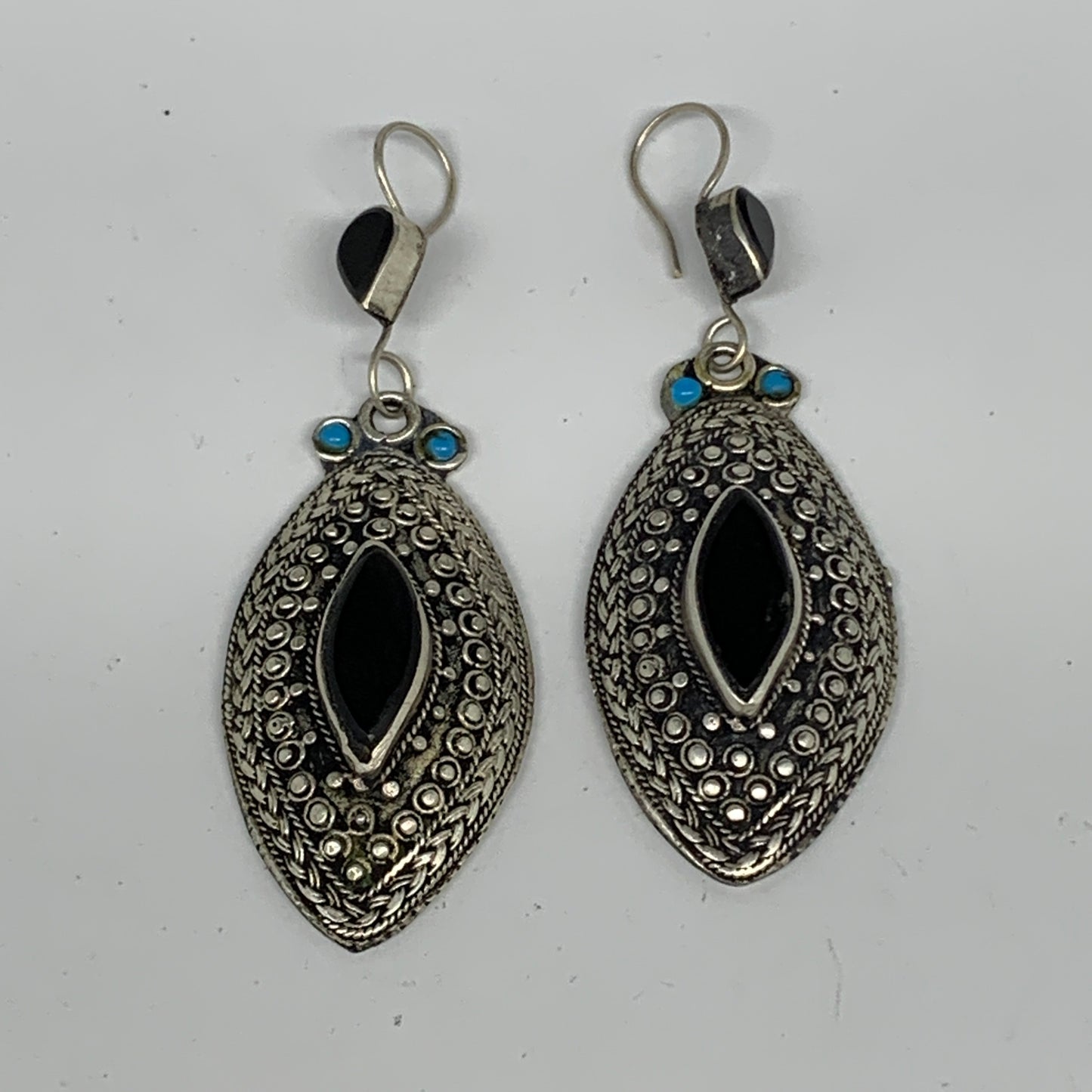 1pc, 3.3"x1.1" Turkmen Earring Tribal Jewelry Black Carnelian Marquise Boho, B14