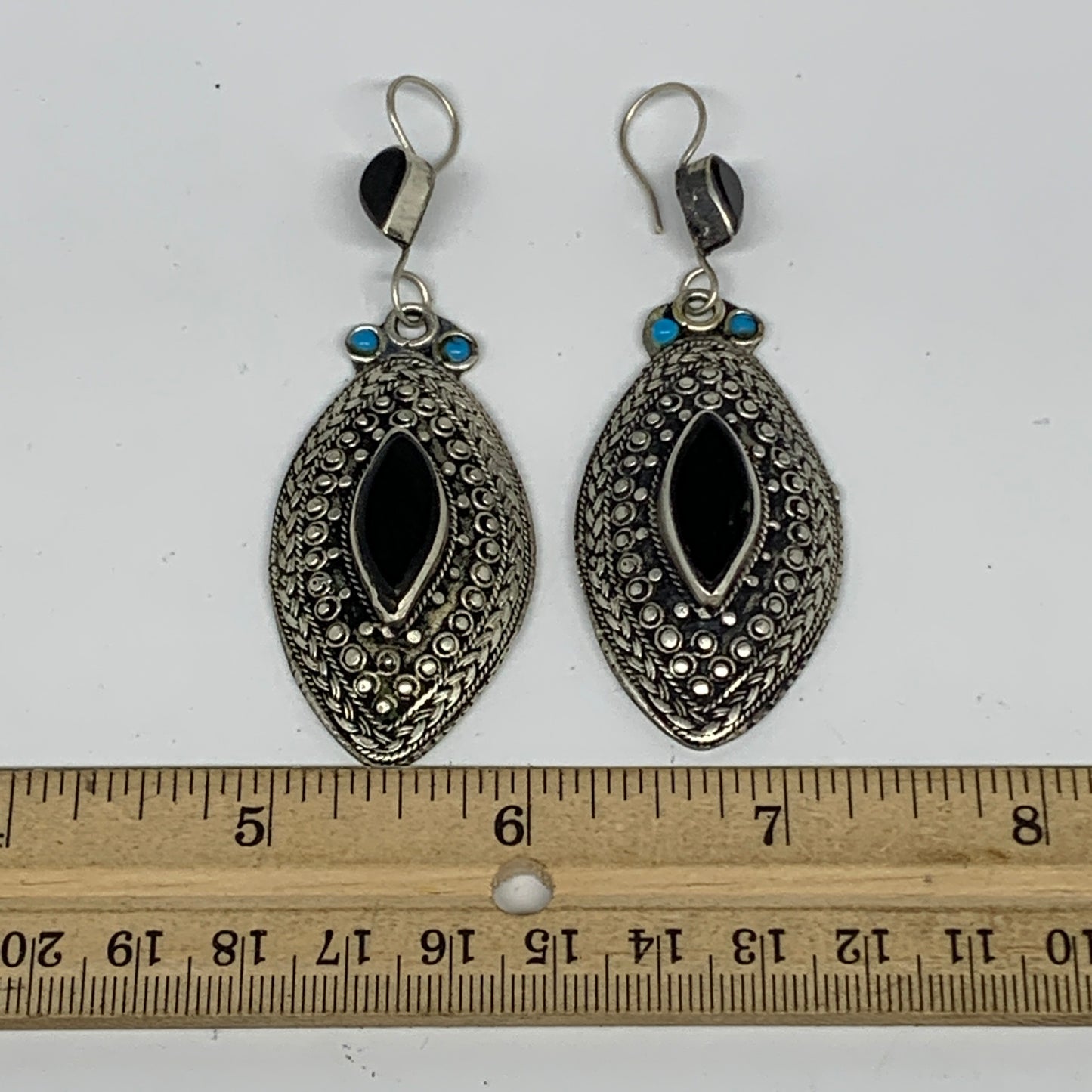1pc, 3.3"x1.1" Turkmen Earring Tribal Jewelry Black Carnelian Marquise Boho, B14
