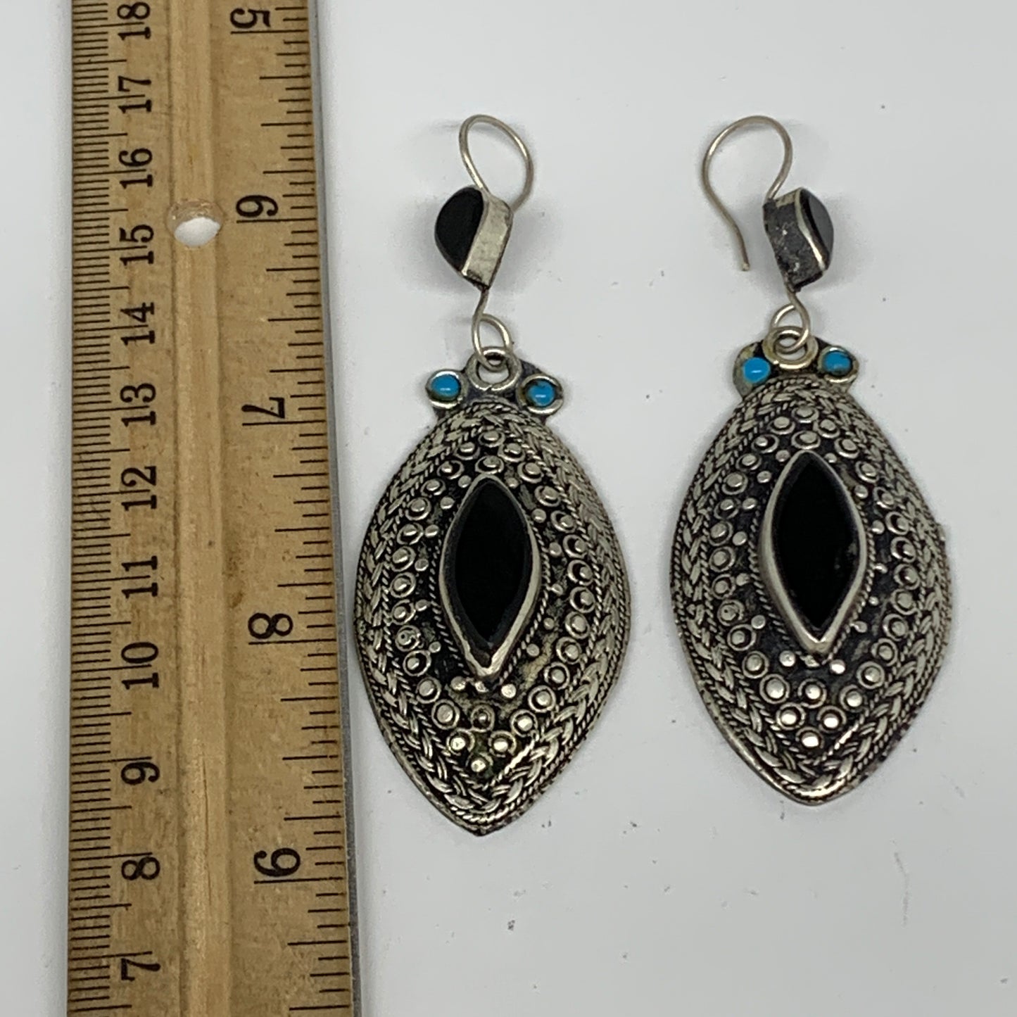 1pc, 3.3"x1.1" Turkmen Earring Tribal Jewelry Black Carnelian Marquise Boho, B14