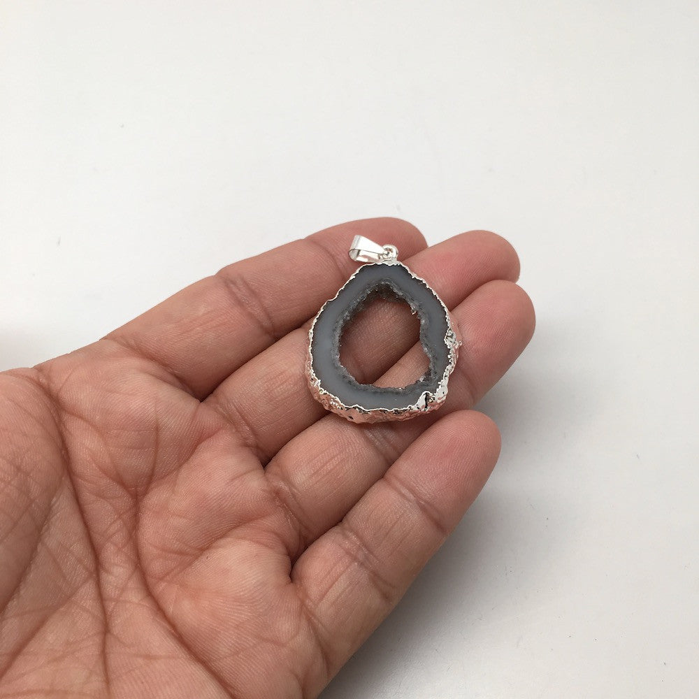 Agate Druzy Slice Geode Pendant Silver Plated from Brazil,Free 18" Chain, Bp721 - watangem.com