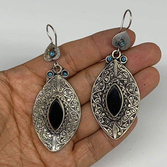 21g, 3.1"x1.2" Turkmen Earring Tribal Jewelry Black Carnelian Marquise Boho, B14