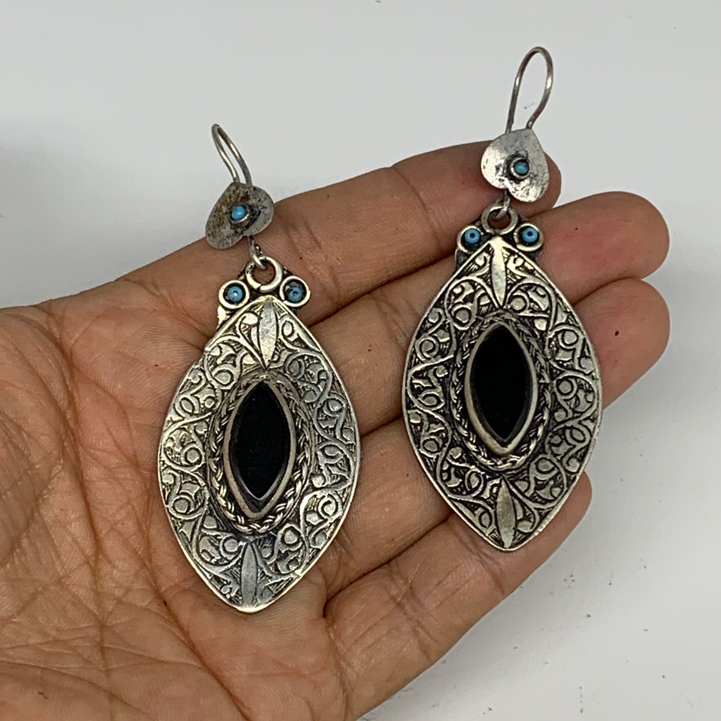 21g, 3.1"x1.2" Turkmen Earring Tribal Jewelry Black Carnelian Marquise Boho, B14