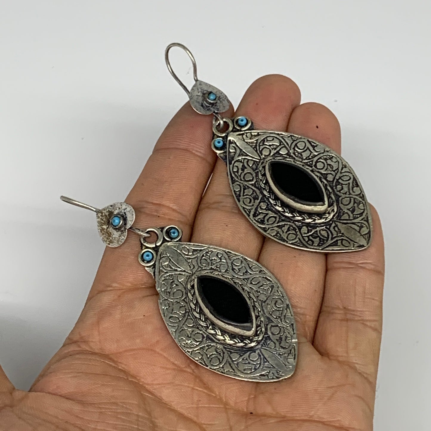 21g, 3.1"x1.2" Turkmen Earring Tribal Jewelry Black Carnelian Marquise Boho, B14