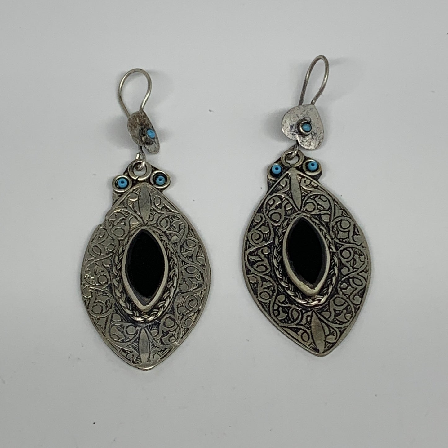 21g, 3.1"x1.2" Turkmen Earring Tribal Jewelry Black Carnelian Marquise Boho, B14
