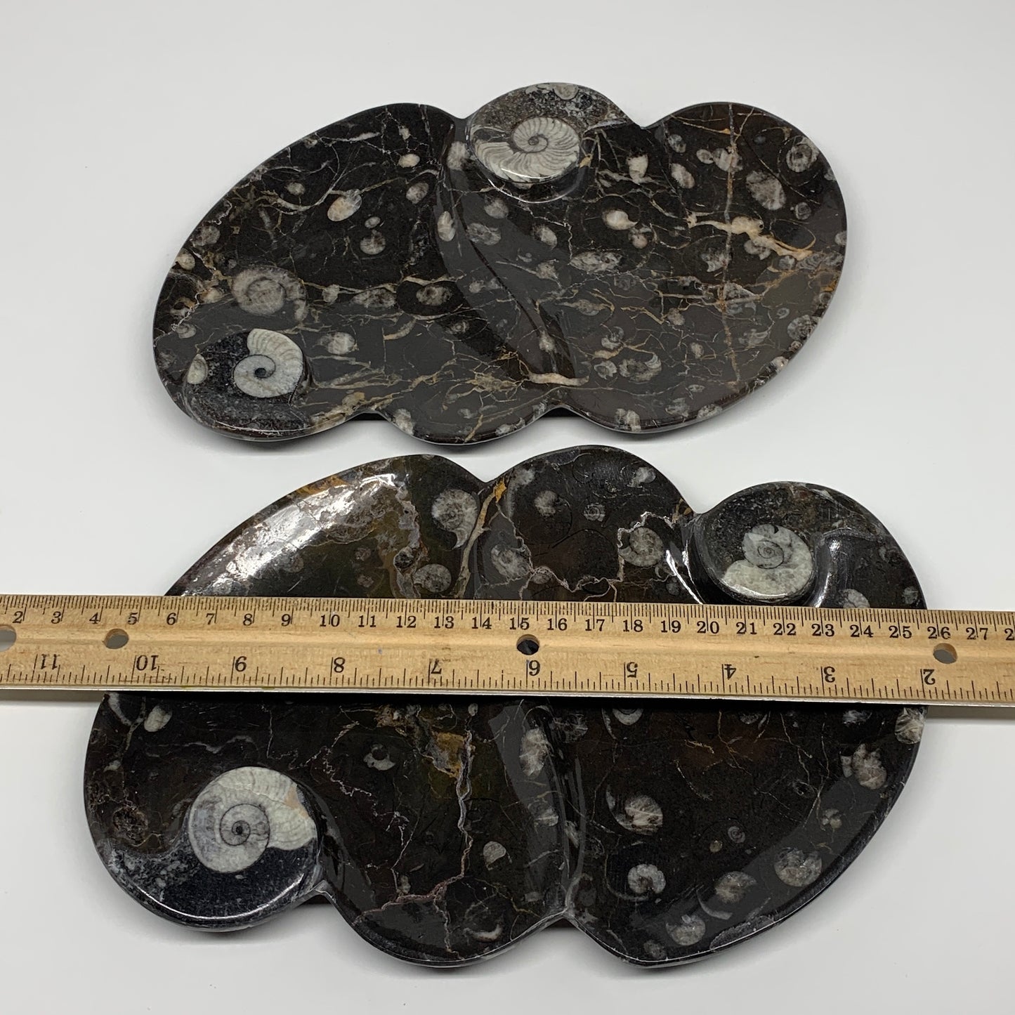 2pcs Set,8.5"x5.5" Double Heart Fossils Orthoceras Ammonite Bowls @Morocco,B8491