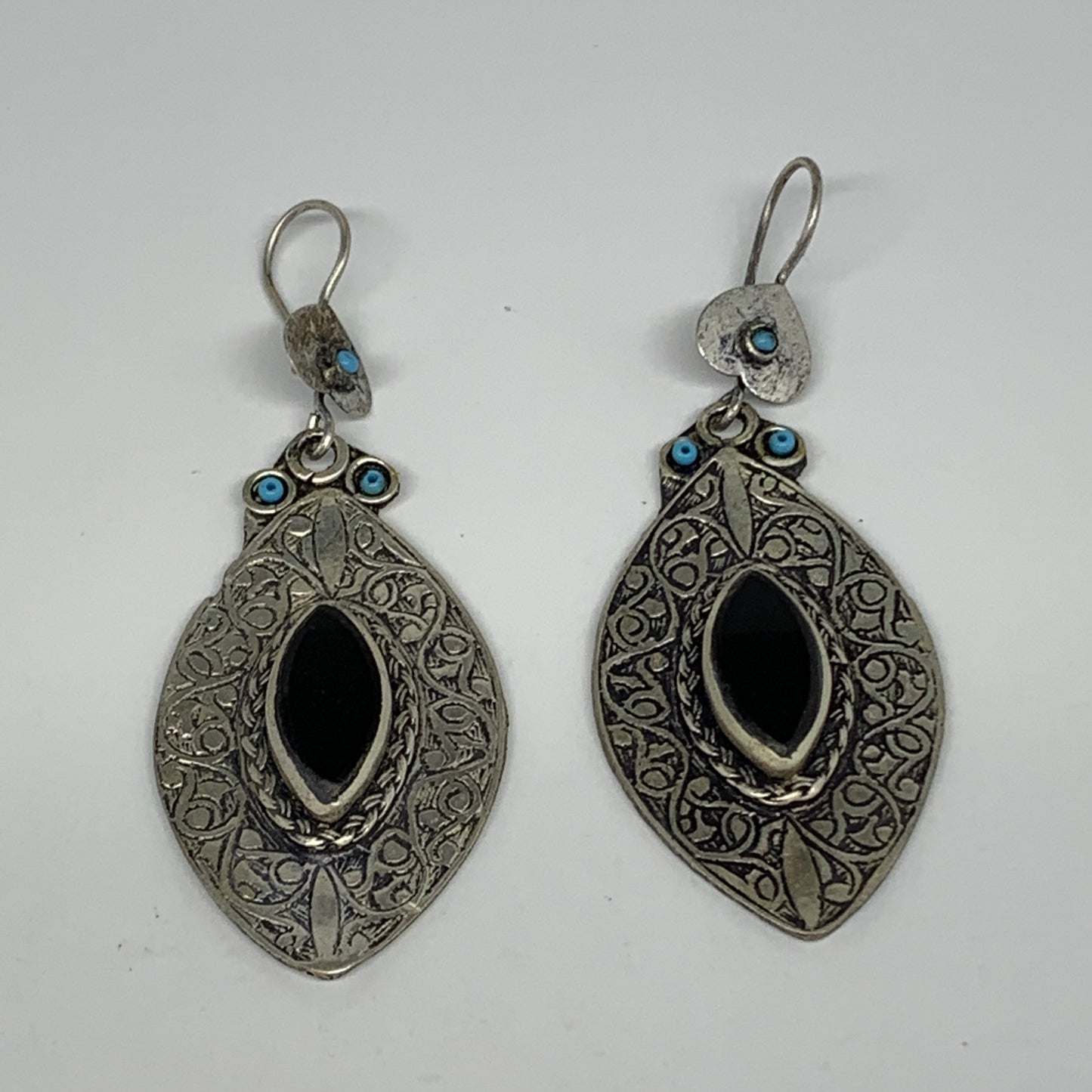 21g, 3.1"x1.2" Turkmen Earring Tribal Jewelry Black Carnelian Marquise Boho, B14
