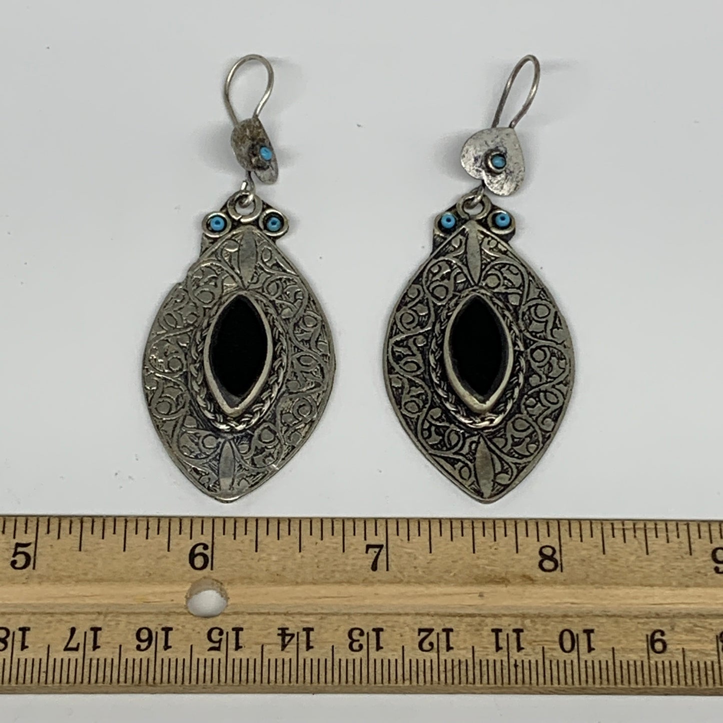 21g, 3.1"x1.2" Turkmen Earring Tribal Jewelry Black Carnelian Marquise Boho, B14