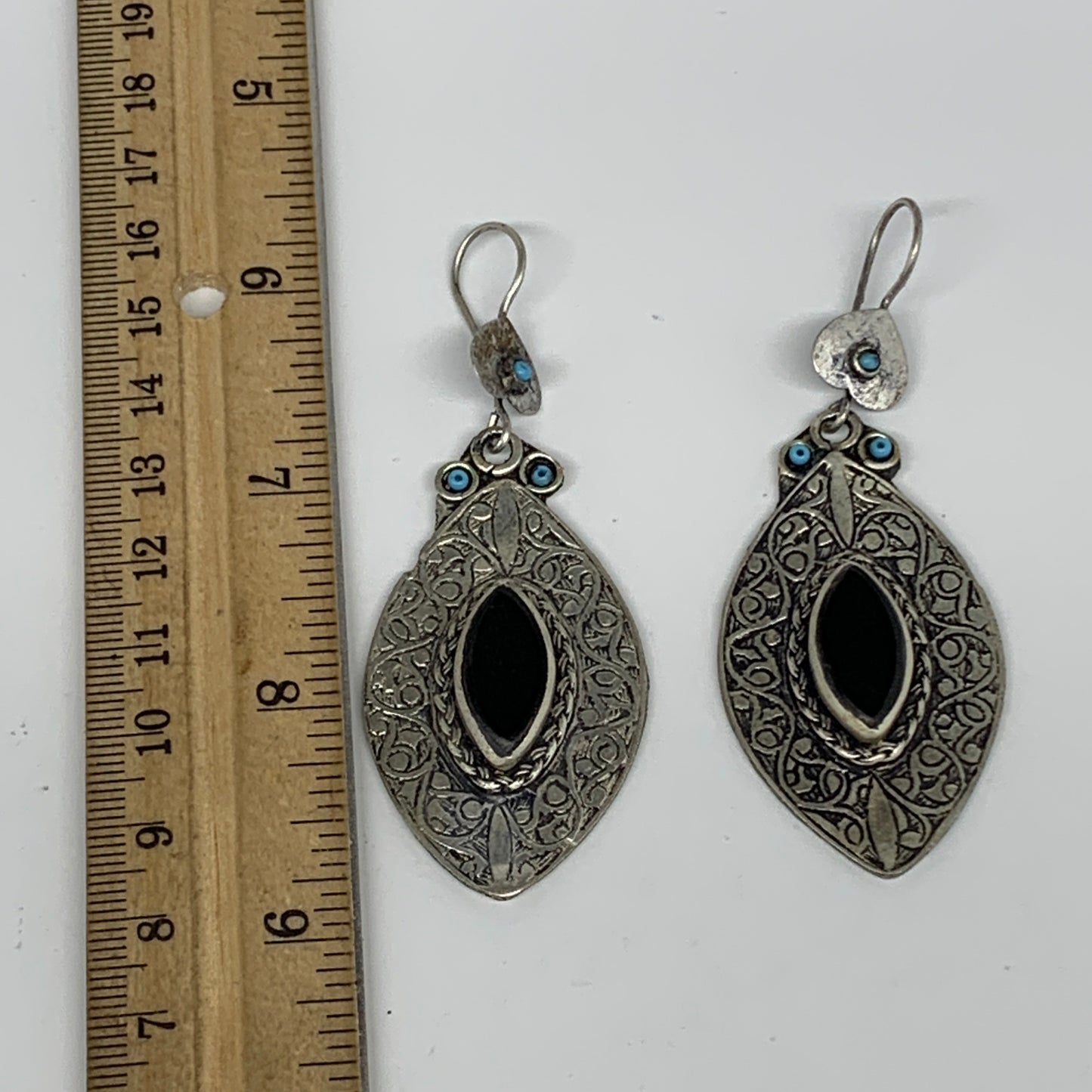 21g, 3.1"x1.2" Turkmen Earring Tribal Jewelry Black Carnelian Marquise Boho, B14