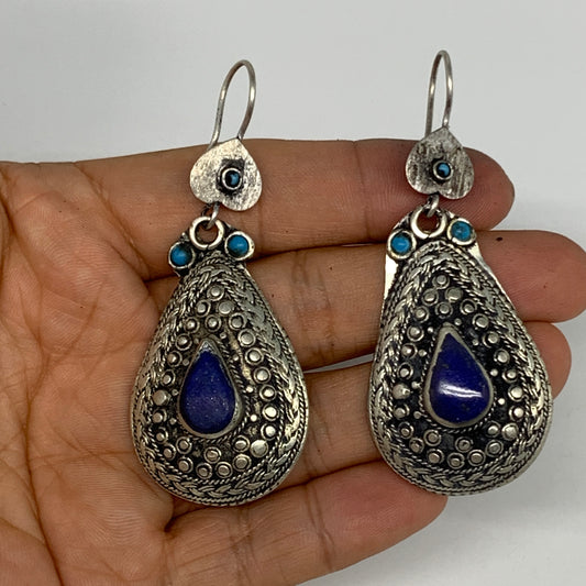 1pc, 2.7"x1.1" Turkmen Earring Tribal Jewelry Lapis Lazuli Teardrop Boho, B14255