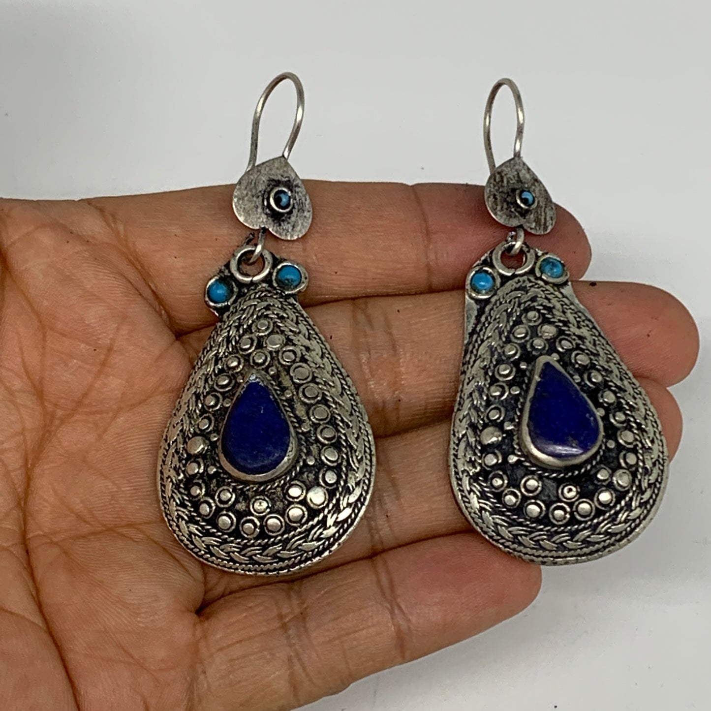 1pc, 2.7"x1.1" Turkmen Earring Tribal Jewelry Lapis Lazuli Teardrop Boho, B14255