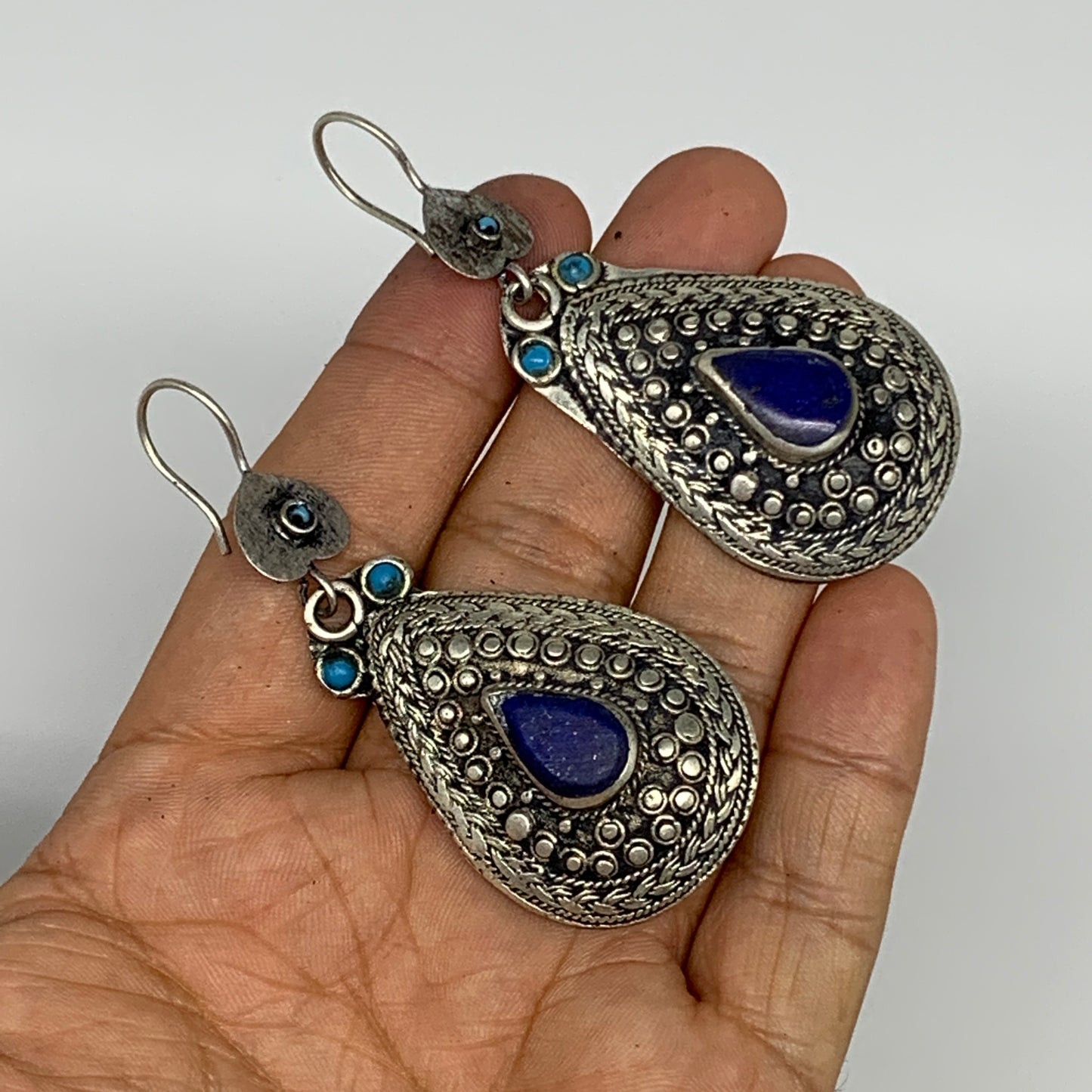 1pc, 2.7"x1.1" Turkmen Earring Tribal Jewelry Lapis Lazuli Teardrop Boho, B14255