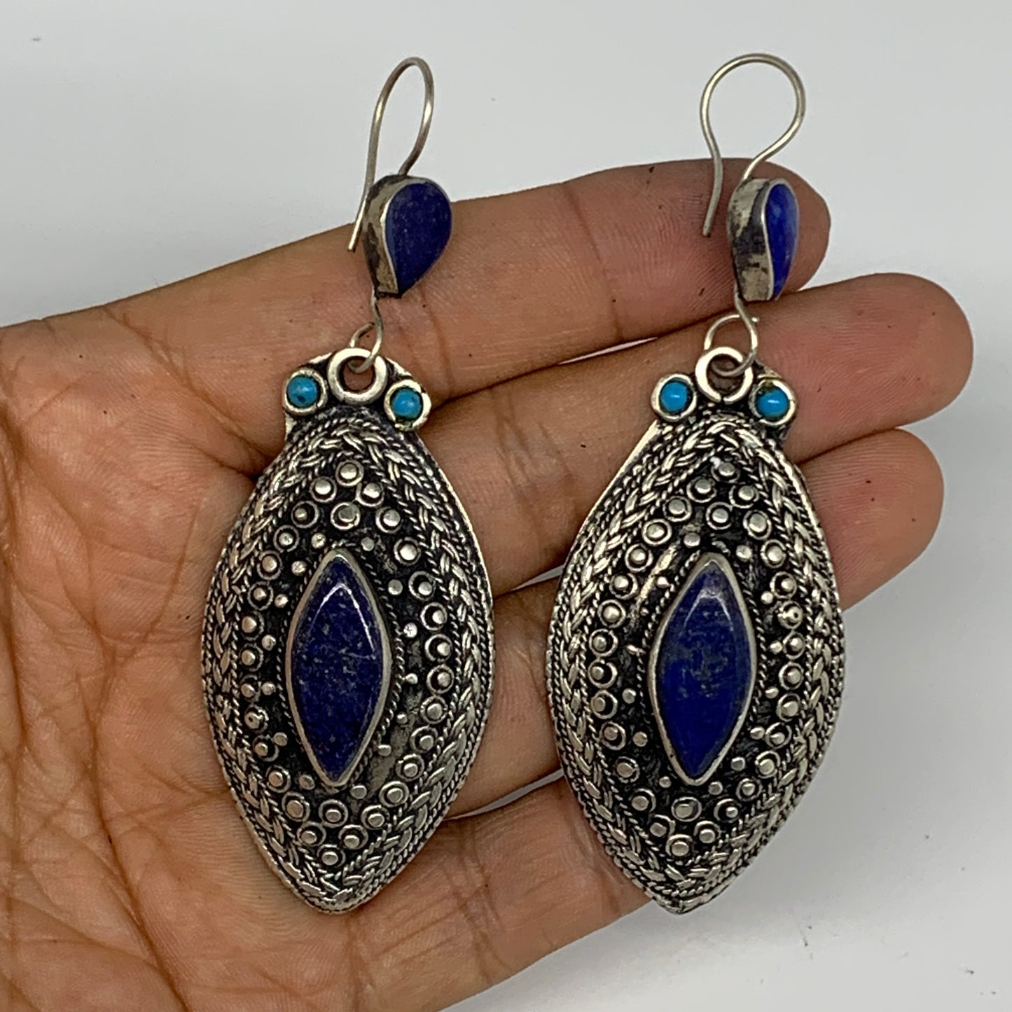 1pc, 3.2"x1.1" Turkmen Earring Tribal Jewelry Lapis Lazuli Marquise Boho, B14253
