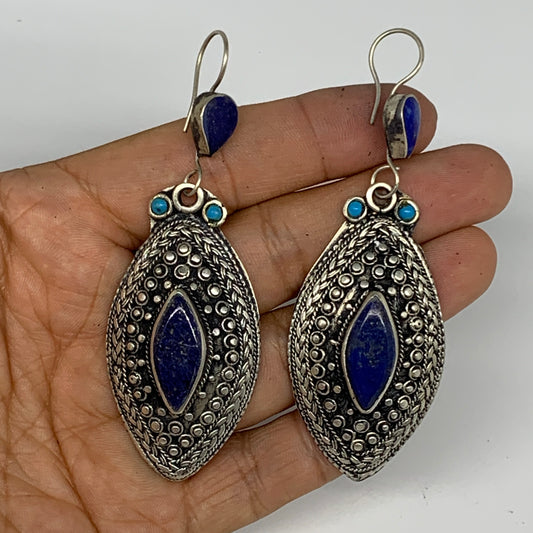 1pc, 3.2"x1.1" Turkmen Earring Tribal Jewelry Lapis Lazuli Marquise Boho, B14253