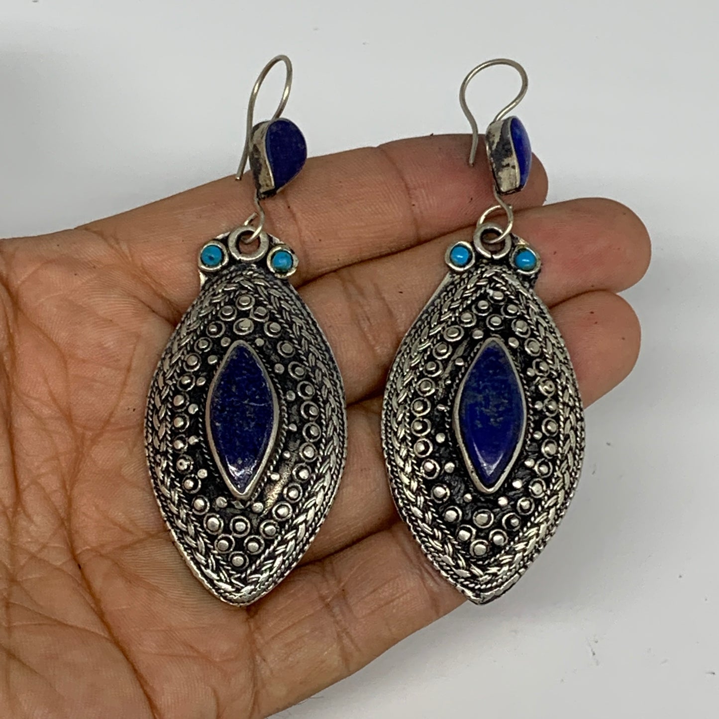 1pc, 3.2"x1.1" Turkmen Earring Tribal Jewelry Lapis Lazuli Marquise Boho, B14253